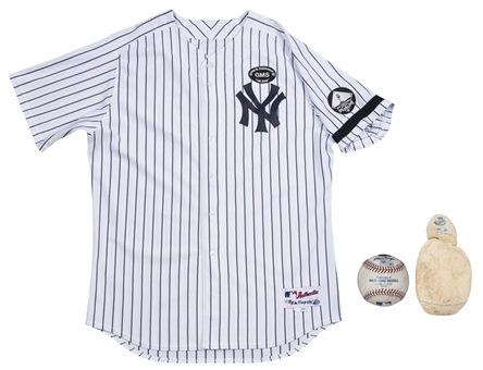 Lot of (3) 2010 Phil Hughes Postseason Game Used New York Yankees Home Jersey, OML Selig Baseball & Rosin Bag (MLB Authenticated& Yankees-Steiner)